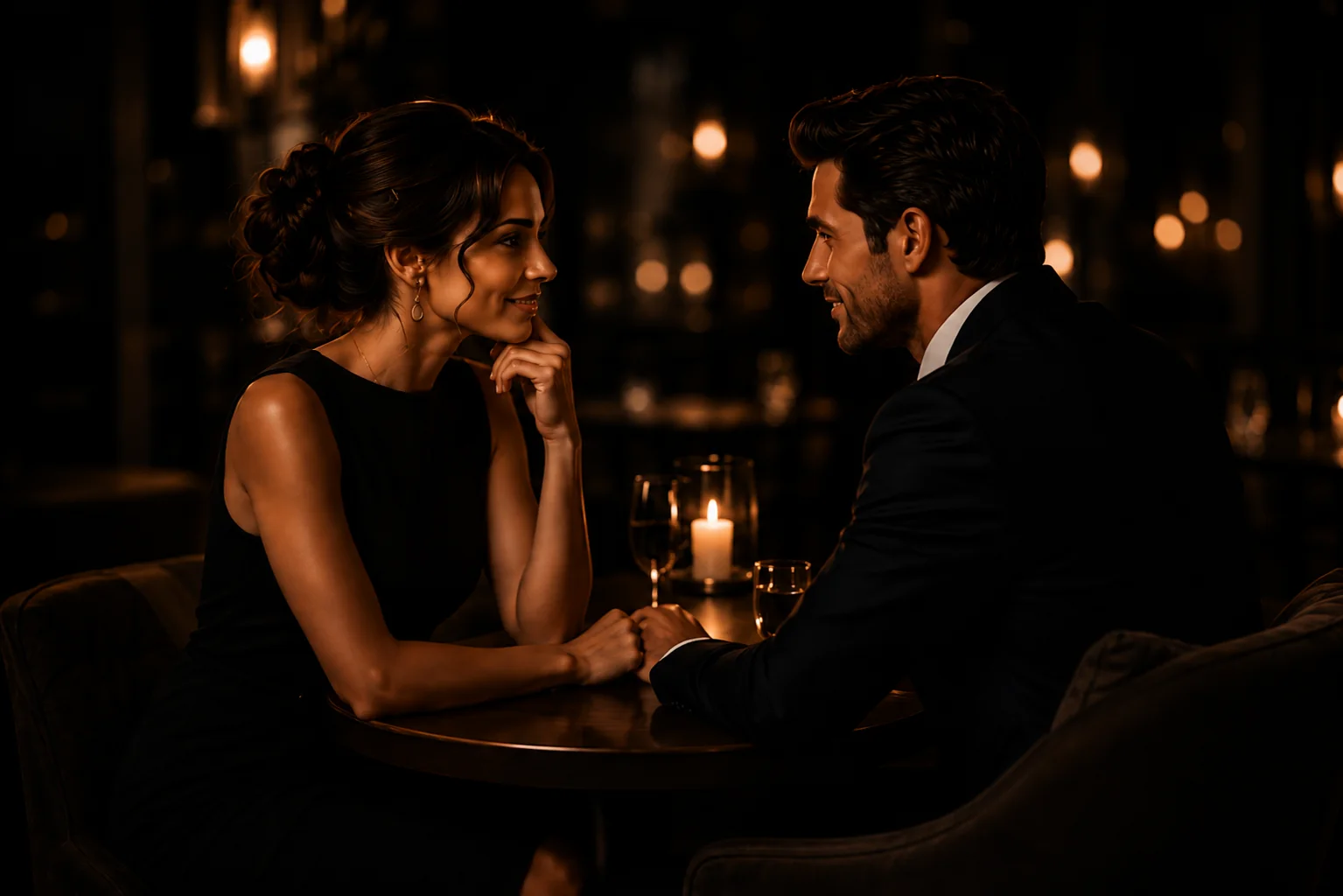 Elegant couple in conversation at a candlelit private dating setting.
