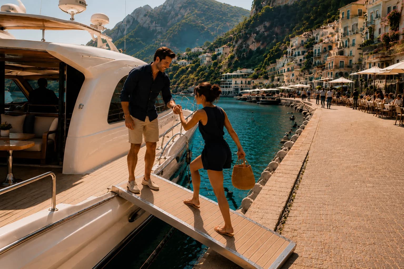 Elegant couple stepping from a private yacht into a cinematic coastal setting.
