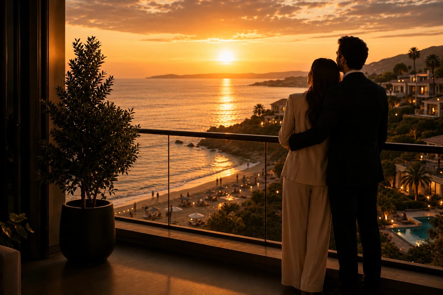 Couple enjoying a sunset ocean view from a private balcony.